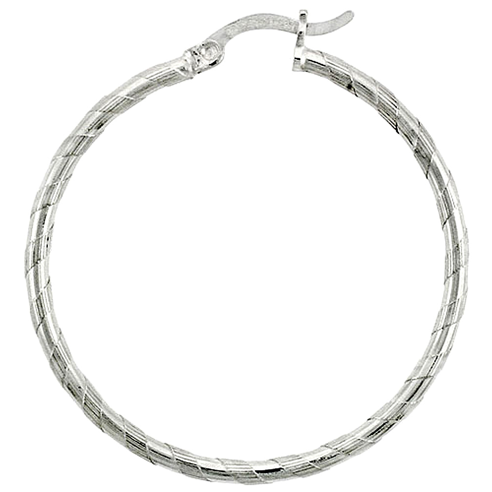 Sterling Silver 2mm Tube Candy Striped Hoop Earrings, 1 3/8" (35 mm)