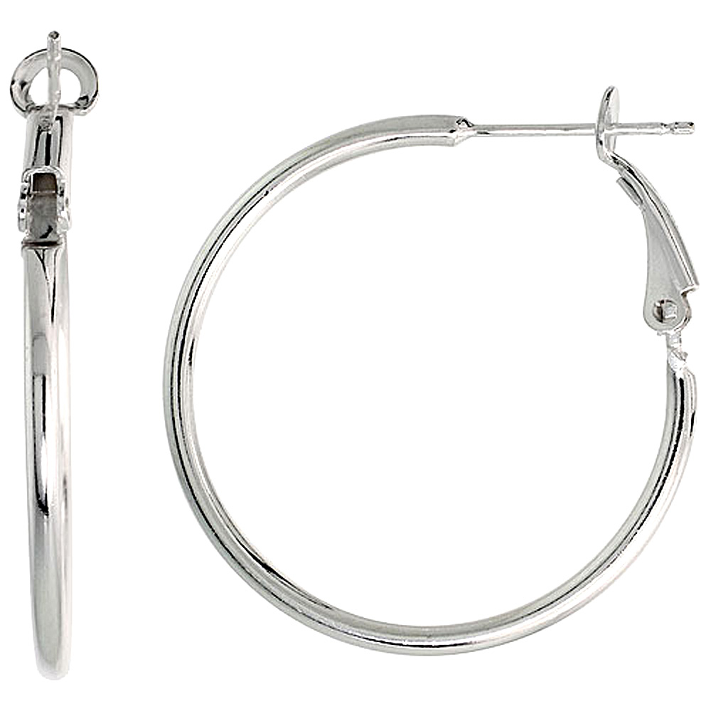 Sterling Silver 2mm Thin Clutchless Hoop Earrings, 1 3/8 in. (35 mm), Silver Dollar Size