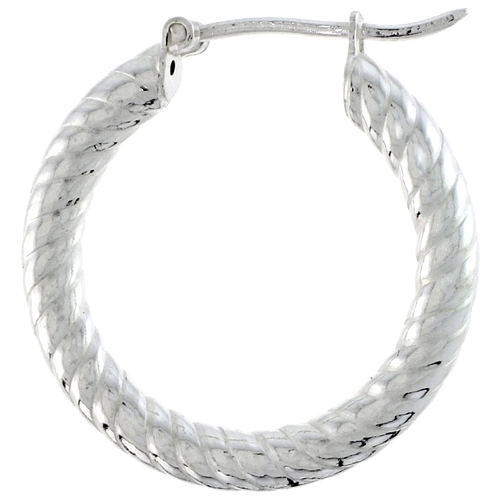 1&quot; ( 25 mm ) Sterling Silver 3mm Tube Spiral Design Diamond Cut Hoop Earrings
