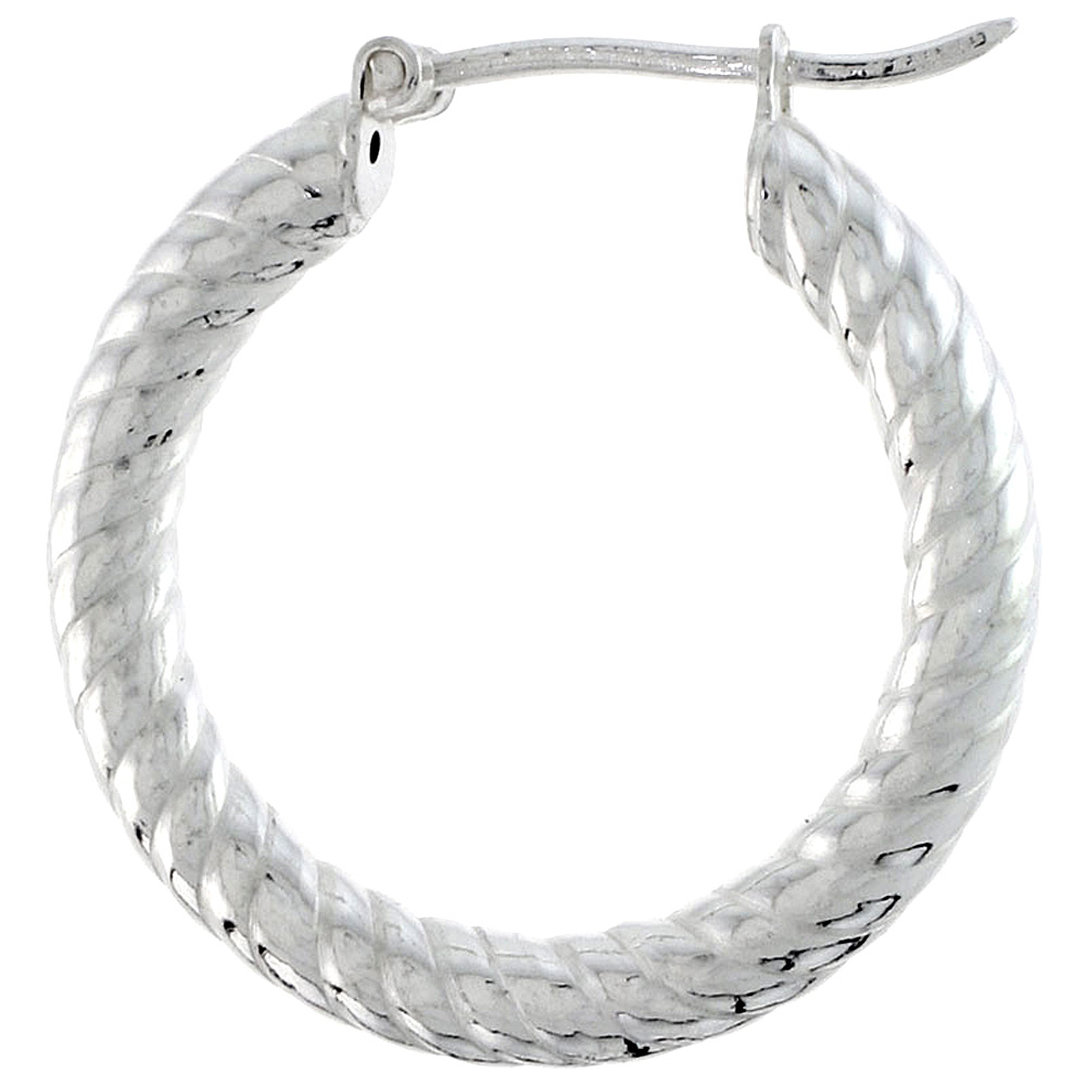 1" ( 25 mm ) Sterling Silver 3mm Tube Spiral Design Diamond Cut Hoop Earrings