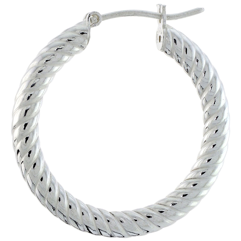 1 1/16" ( 27 mm ) Sterling Silver 3mm Tube Spiral Design Diamond Cut Hoop Earrings