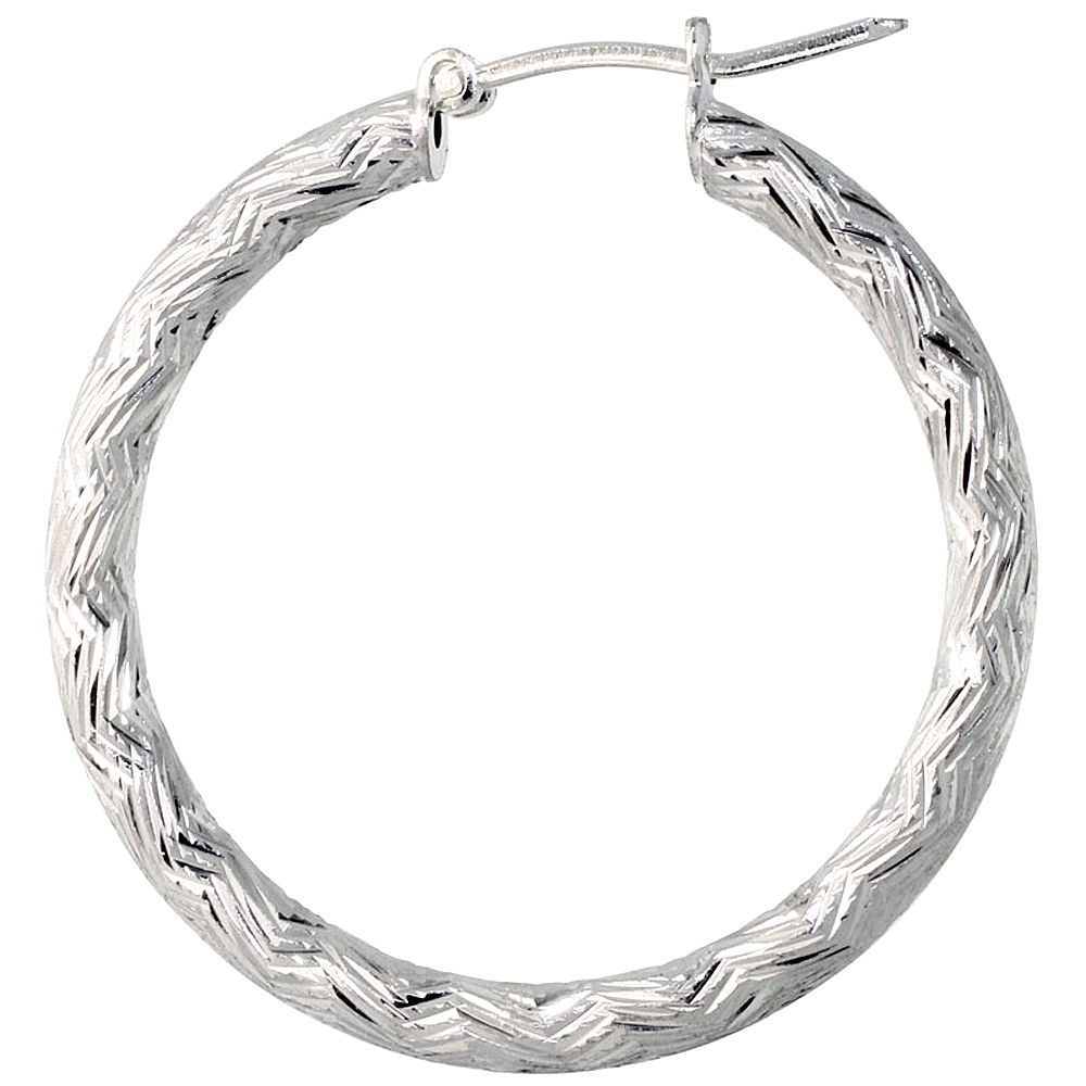 Sterling Silver Italian Hoop Earrings 3mm Zigzag Pattern Diamond Cut, 1 1/4 inch Diameter