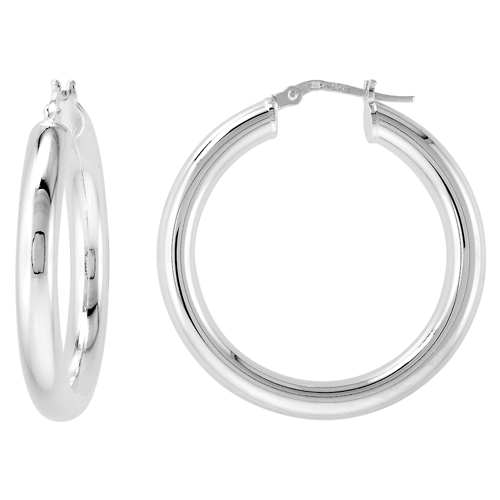 1 3/8 inch sterling silver 35mm Hoop Earrings 4mm tube Plain Polished Nickel free Italy