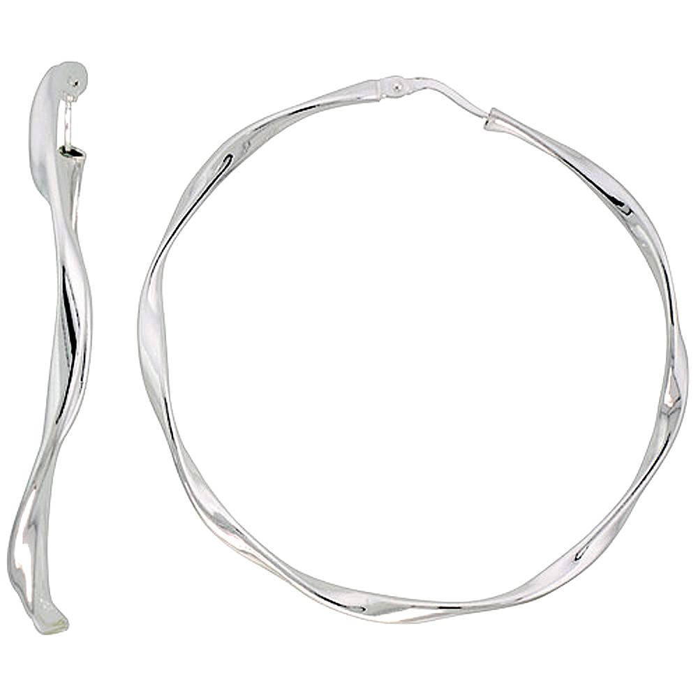 Sterling Silver 2 3/16 inch Twisted Hoop Earrings for Women 55 mm Round 3mm Oval Tube Nickel Free Italy