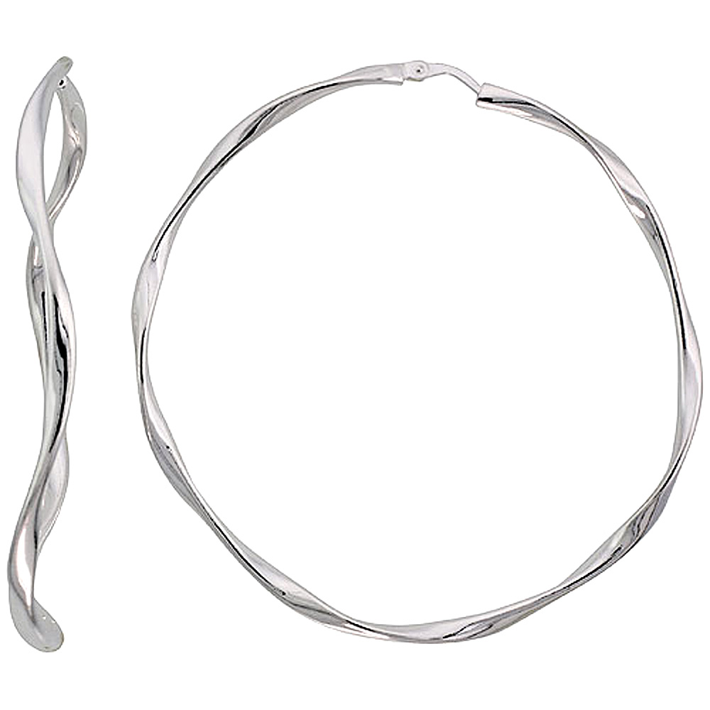 Sterling Silver 2 3/8 inch Twisted Hoop Earrings for Women 60 mm Round 3mm Oval Tube Nickel Free Italy