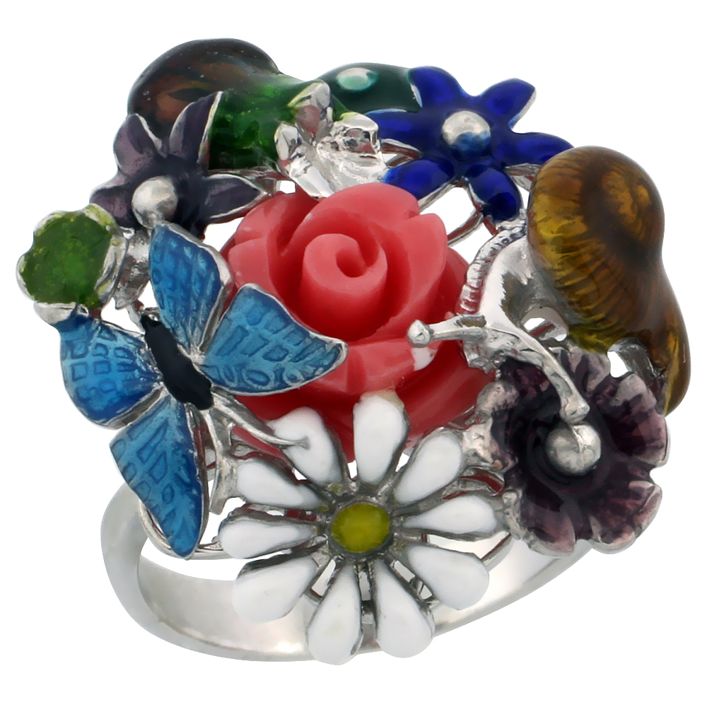 Sterling Silver Multi Color Enamel Butterfly & Flowers Ring, 15/16 in. (24 mm) wide