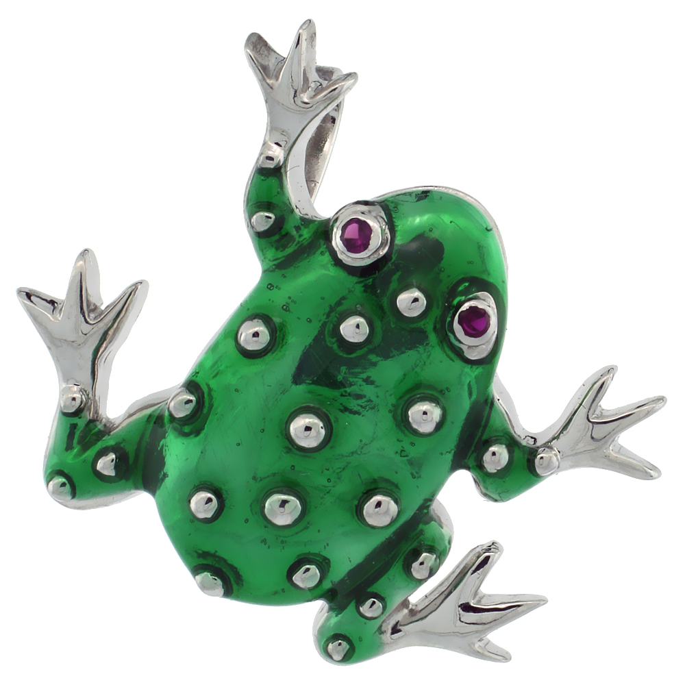 Sterling Silver Green Enamel Frog Pendant, 1 1/8 in. (29 mm) tall