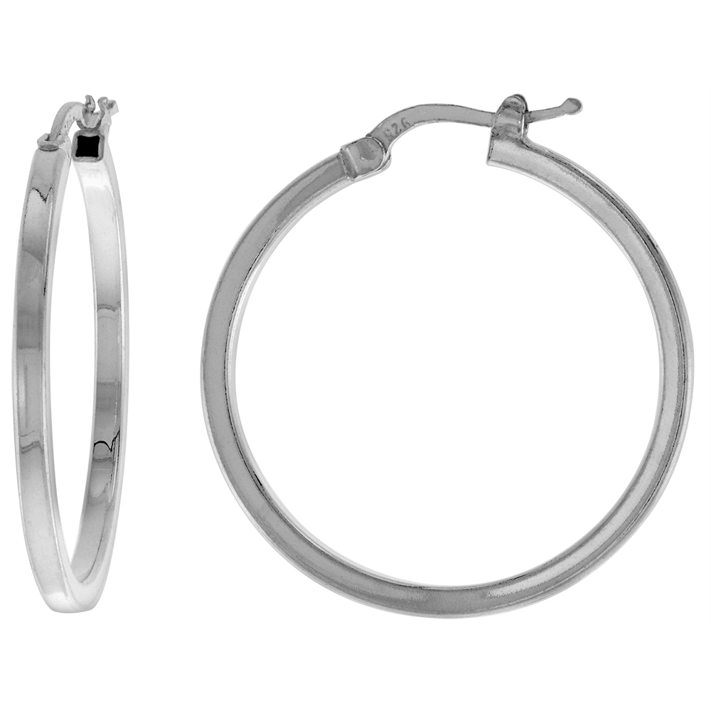 Sterling Silver 1 1/4 inch Square Tube Click Top Hoop Earring for Women 30 mm Round 2mm thin Italy