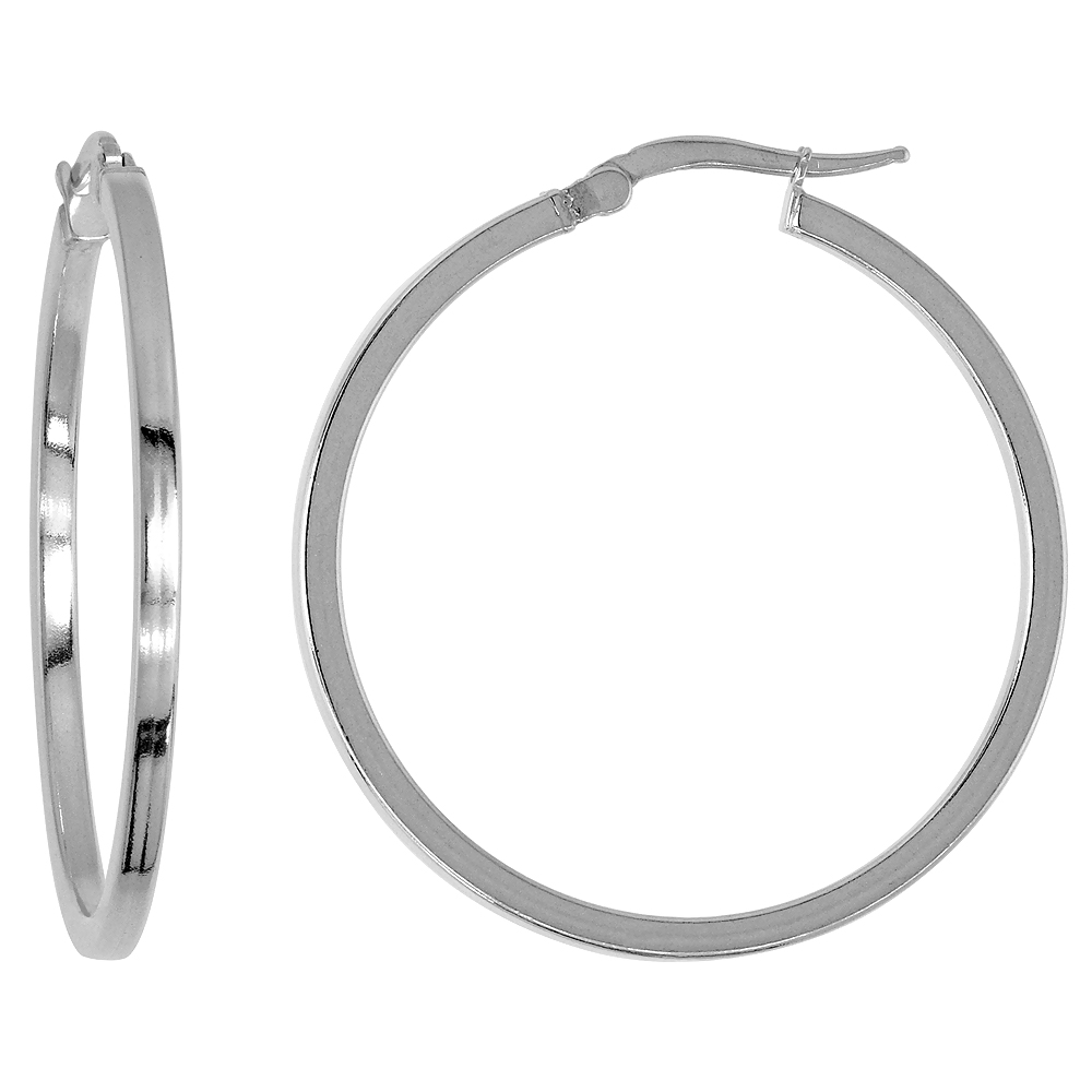 Sterling Silver 1 3/8 inch Square Tube Click Top Hoop Earring for Women 35 mm Round 2mm thin Italy