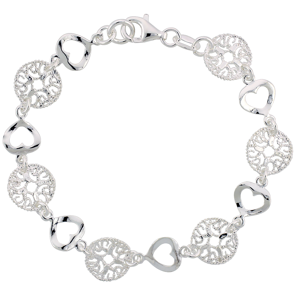 Sterling Silver 7 in. Round Filigree & Heart Cut Out Bracelet, 7/16 in. (11 mm) wide