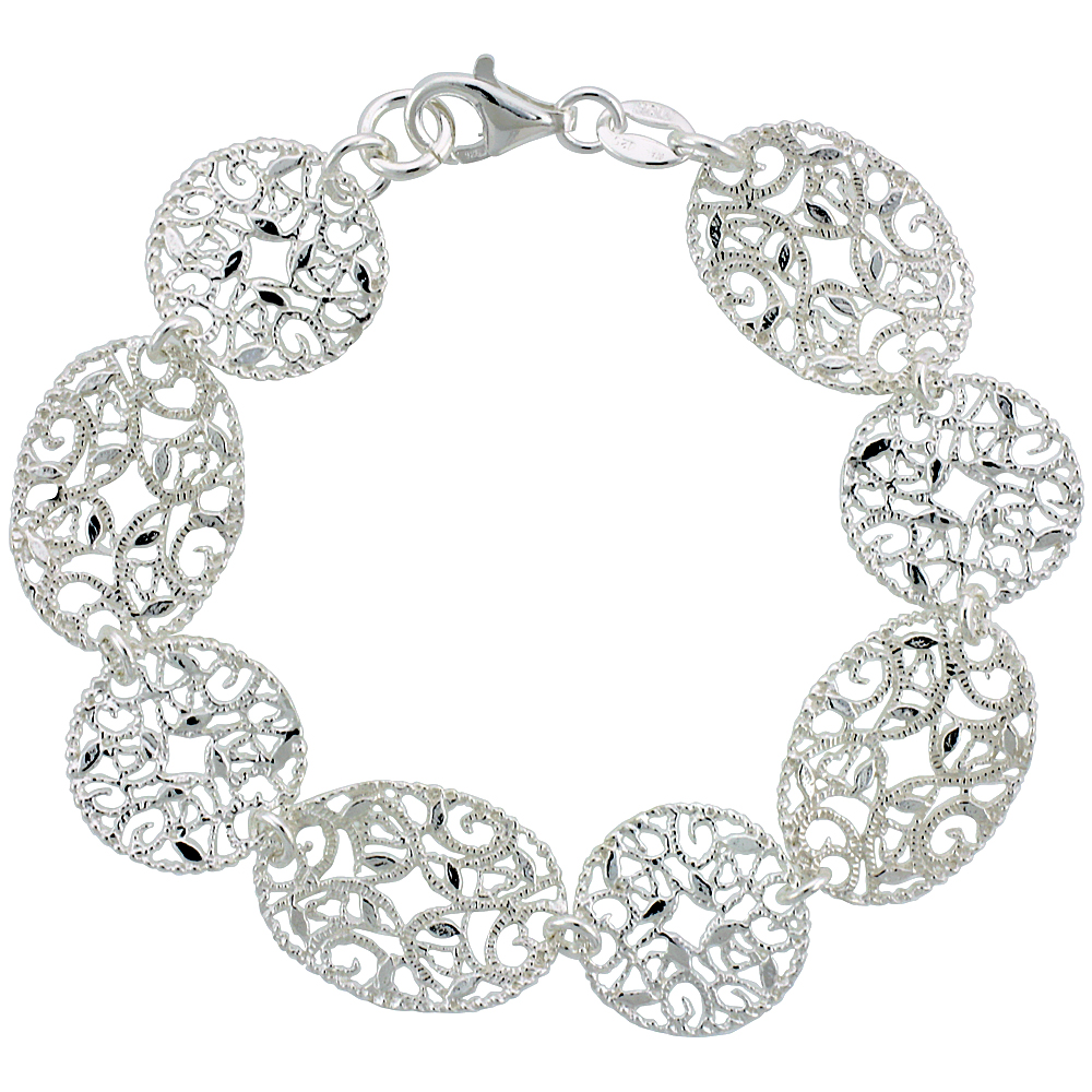 Sterling Silver 6.75 in. Round &amp; Oval Floral Filigree Bracelet, 5/8 in. (16 mm) wide