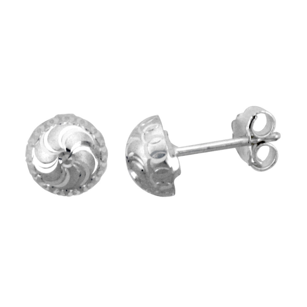 Sterling Silver Half Ball 5/16" (8.0 mm) Ball Stud Earrings w/ Diamond Cut Swirl Design