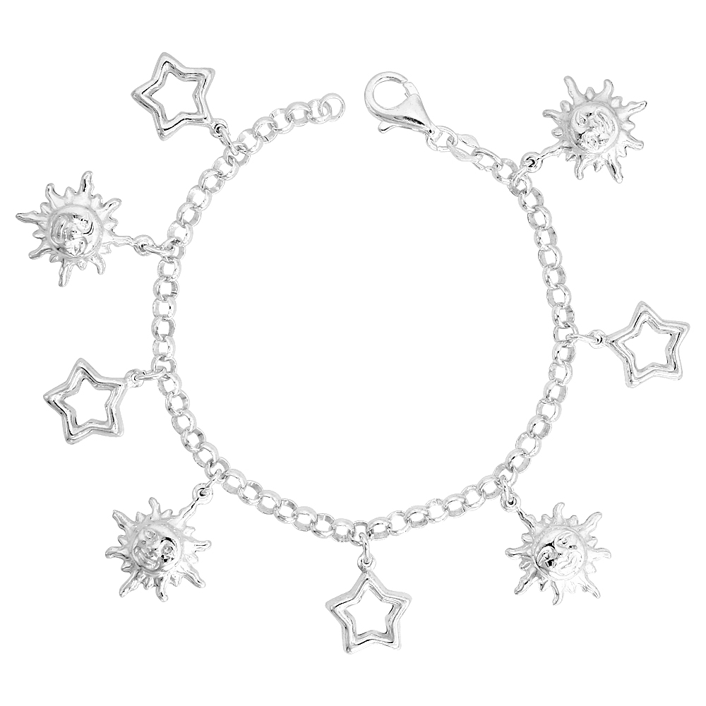 Sterling Silver Puffy Puffy Stars & Sun Bracelet for Women 7/8 inch Dangling Charms 7 inch