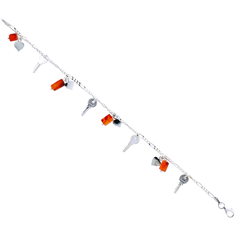 Sterling Silver Italian Bracelet for Women Dangling Charms w/ Dangling Hearts Keys and Natural Carnelian Stones 5/8 inch (16 mm)