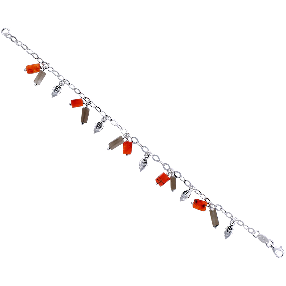 Sterling Silver Italian Bracelet for Women Dangling Charms w/ Dangling Leaves and Natural Carnelian & Smoky Topaz Stones 1/2 inc