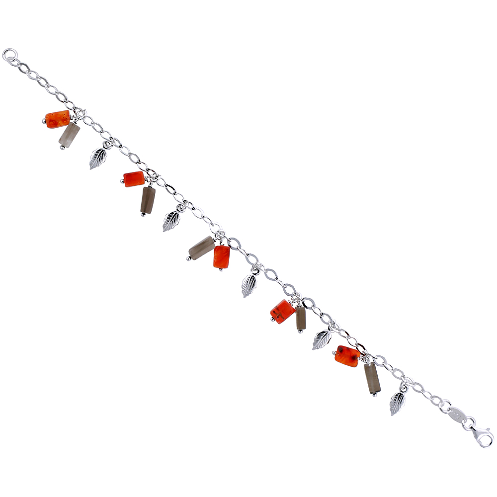 Sterling Silver Italian Bracelet for Women Dangling Charms w/ Dangling Leaves and Natural Carnelian &amp; Smoky Topaz Stones 1/2 inc