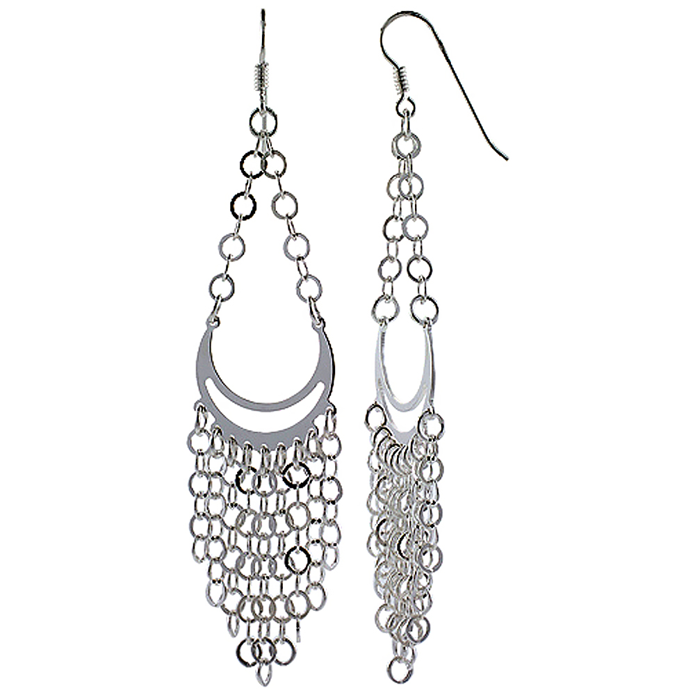 Sterling Silver Pear-shaped Chandelier Fish Hook Dangling Earrings, w/ Rolo-type Chain, 3 1/2" (89 mm) tall