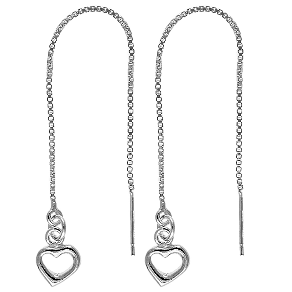 Sterling Silver Dangle Heart Threader Earrings for Women Italy 4 1/4 inch long