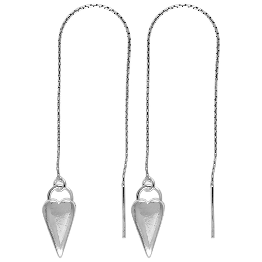 Sterling Silver Dangle Long Heart Threader Earrings for Women Italy 4 1/2 inch long