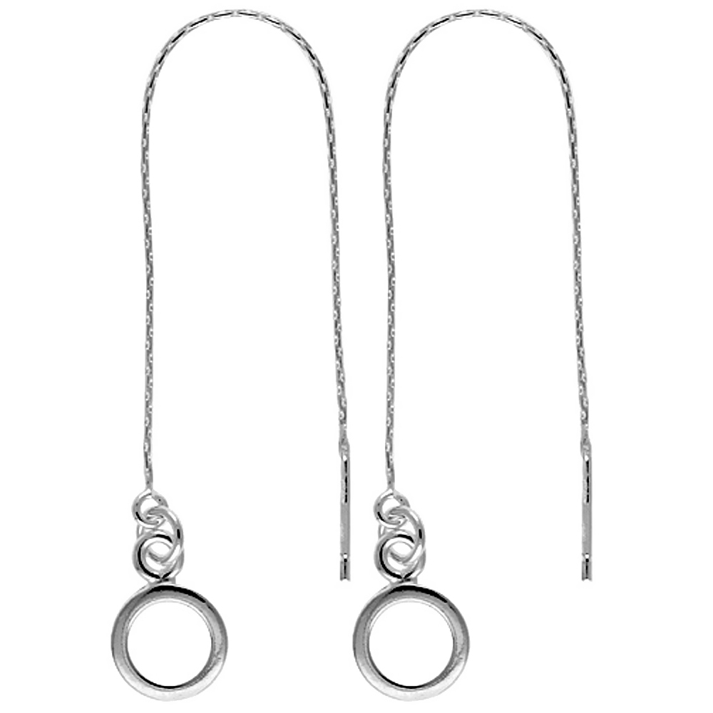 Sterling Silver Dangle Small Karma Circle Threader Earrings for Women Italy 4 1/2 inch long