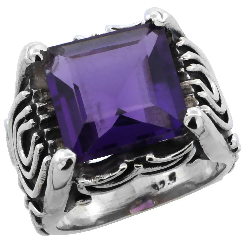 Sterling Silver Bali Inspired Horseshoe Design Square Ring w/ 12mm Princess Cut Natural Amethyst Stone, 19/32 in. (15 mm) wide