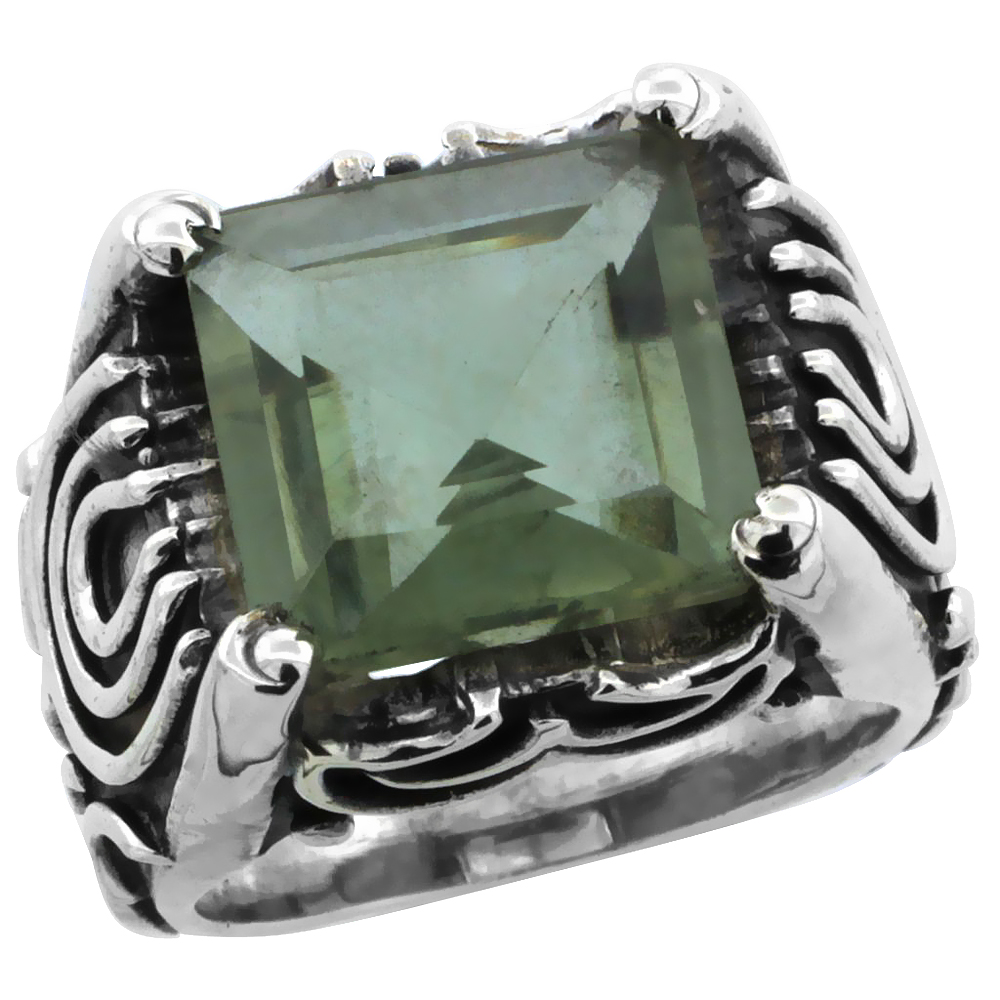 Sterling Silver Bali Inspired Horseshoe Design Square Ring w/ 12mm Princess Cut Natural Green Amethyst Stone, 19/32 in. (15 mm) wide