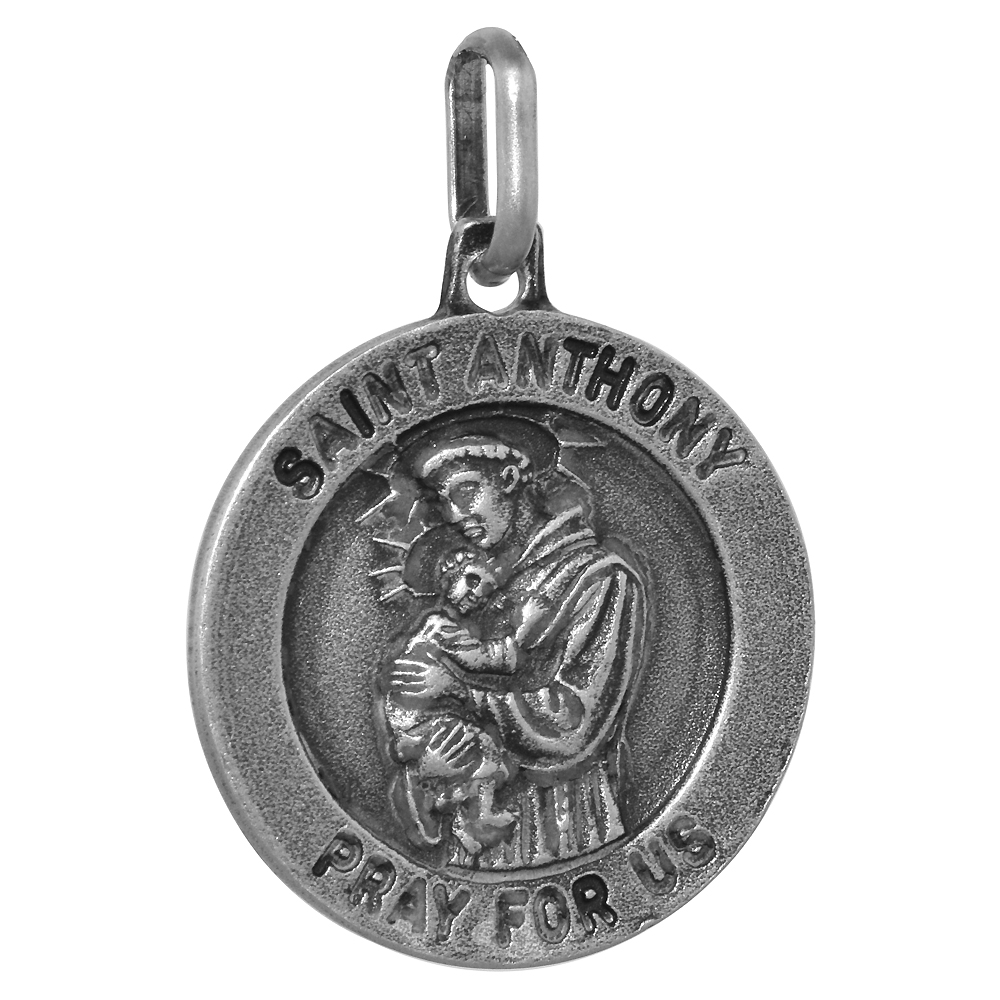 18mm Sterling Silver St Anthony Medal necklace 3/4 inch Round Antiqued Finish Nickel Free Italy with Stainless Steel Chain