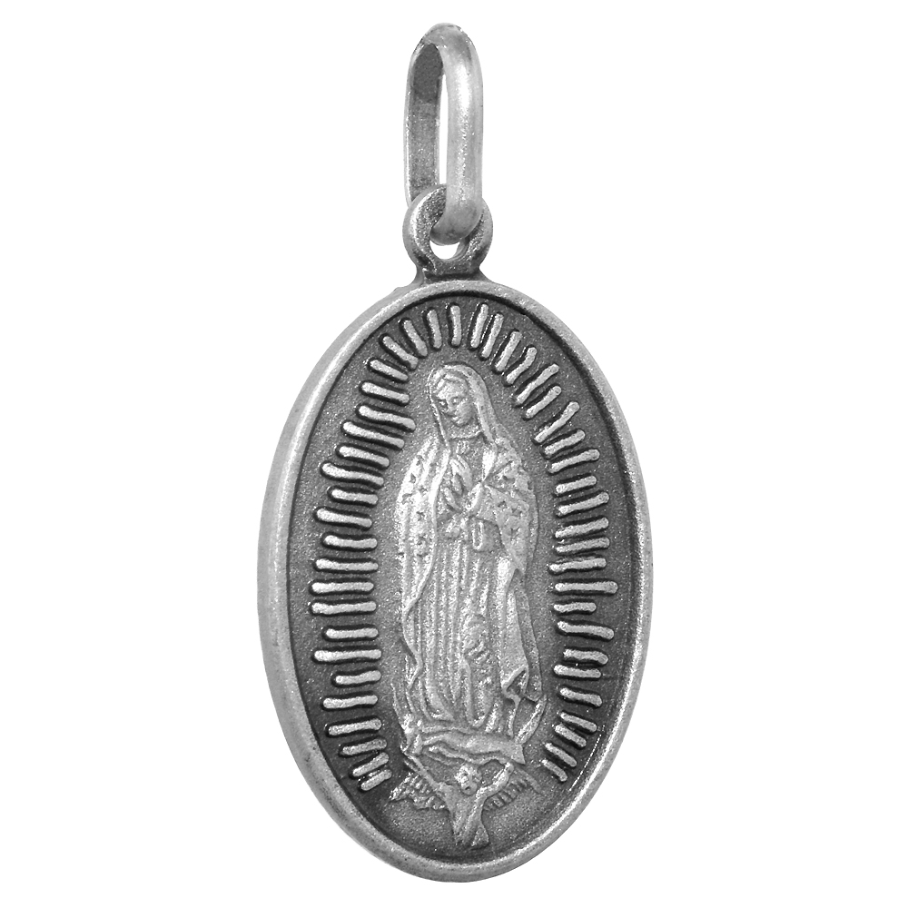 22mm Sterling Silver Guadalupe Medal Necklace 7/8 inch Oval Antiqued Finish Nickel Free Italy