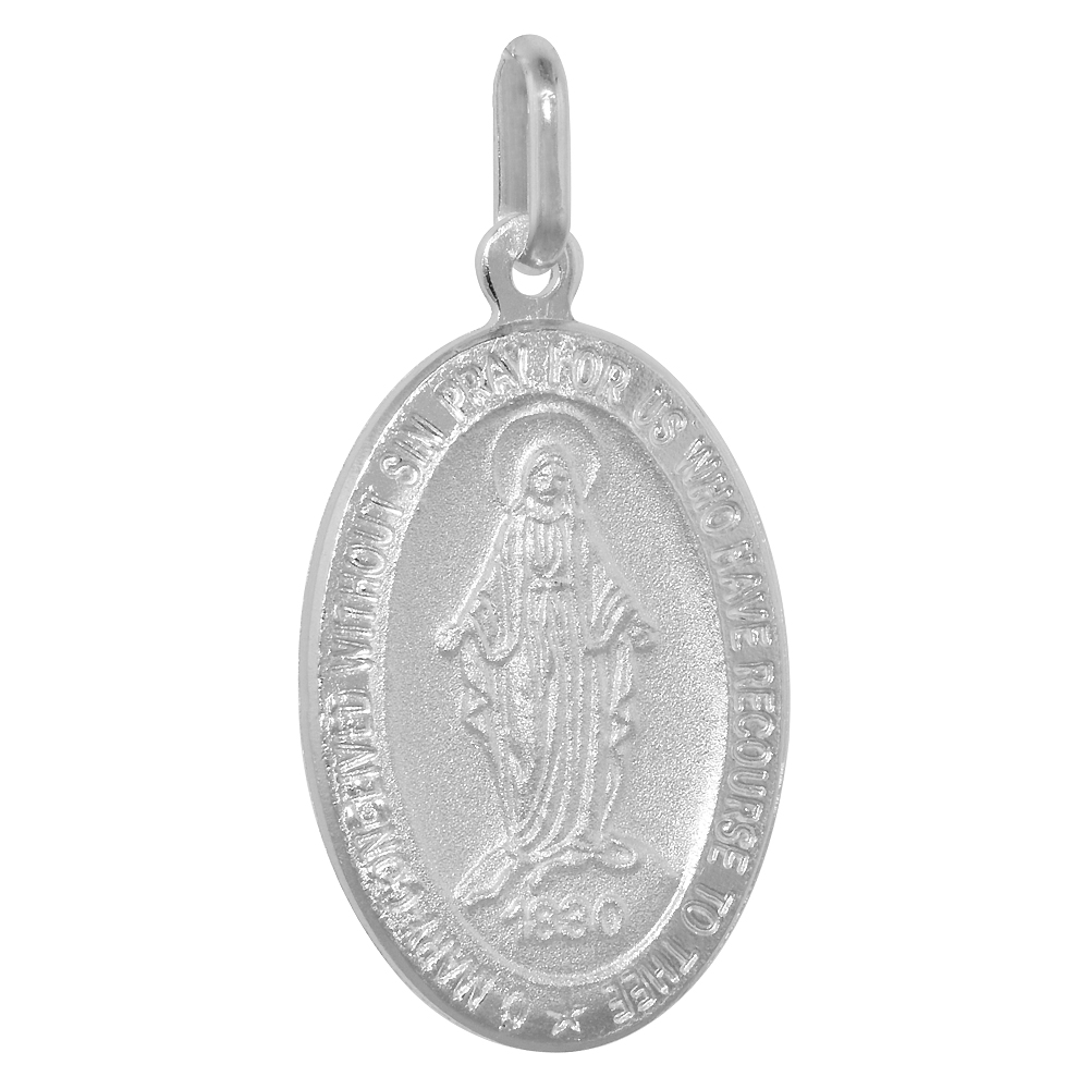 24mm Sterling Silver Miraculous Medal Necklace Oval Virgin Mary Italy 7/8 inch
