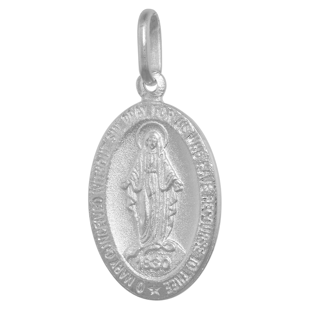 22mm Sterling Silver Miraculous Medal Necklace Oval Virgin Mary Italy with Stainless Steel Chain 7/8 inch