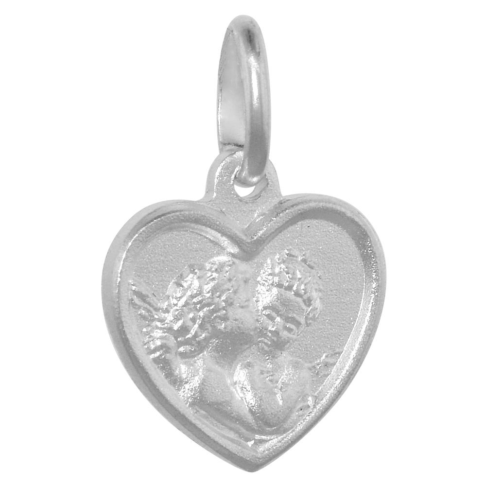 13mm Dainty Sterling Silver Raphael's Kissing Angels Heart Pendant Necklace 1/2 inch Nickel Free Italy with Stainless Steel Chain