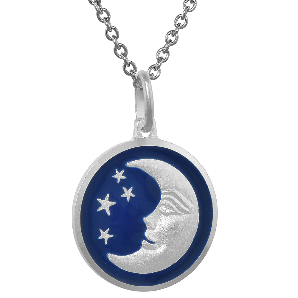 Sterling Silver Moon &amp; Star Necklace Round Blue Enamel 3/4 inch Italy