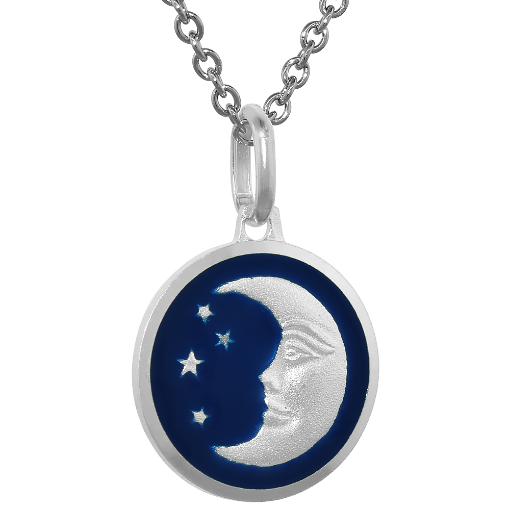 Sterling Silver Moon &amp; Star Necklace Round Blue Enamel with 24 inch Surgical Steel Chain Italy 5/8 inch