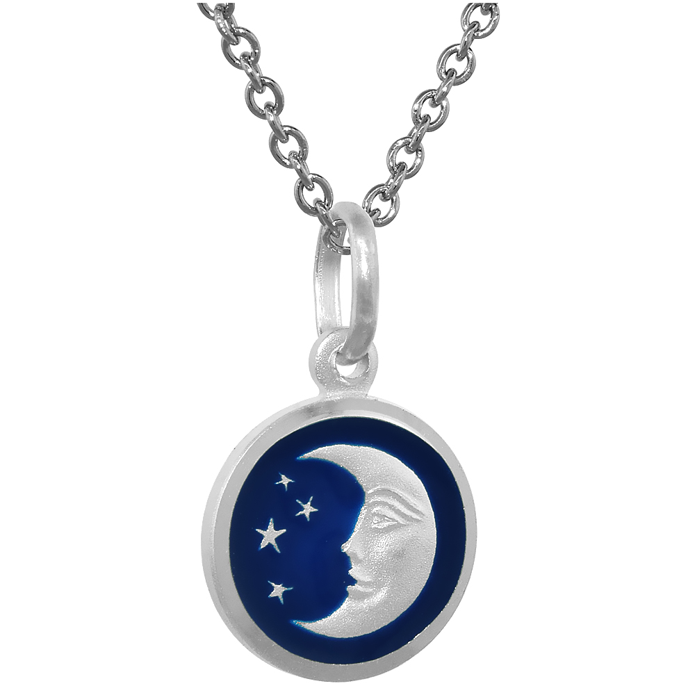 Sterling Silver Moon &amp; Star Necklace Round Blue Enamel with 24 inch Surgical Steel Chain Italy 1/2 inch