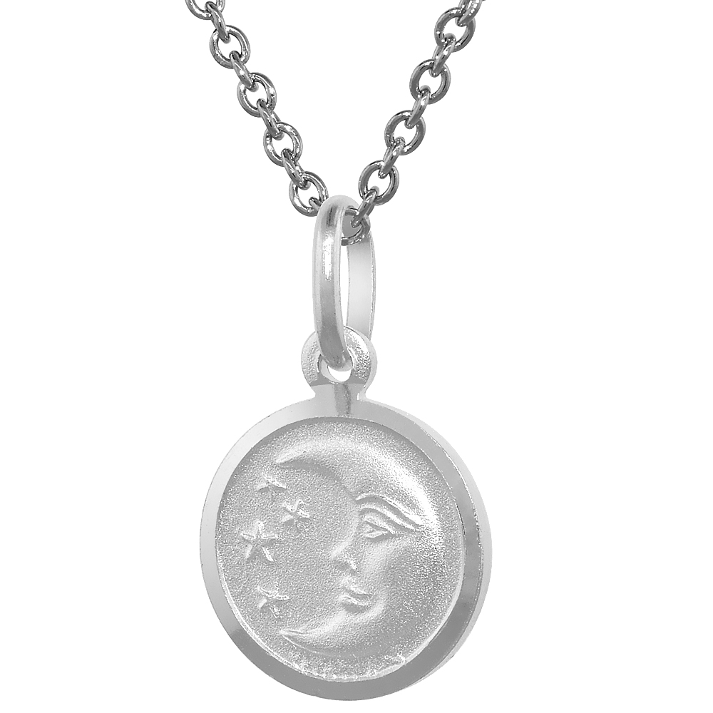 Sterling Silver Moon &amp; Star Necklace Round with 24 inch Surgical Steel Chain Italy 1/2 inch