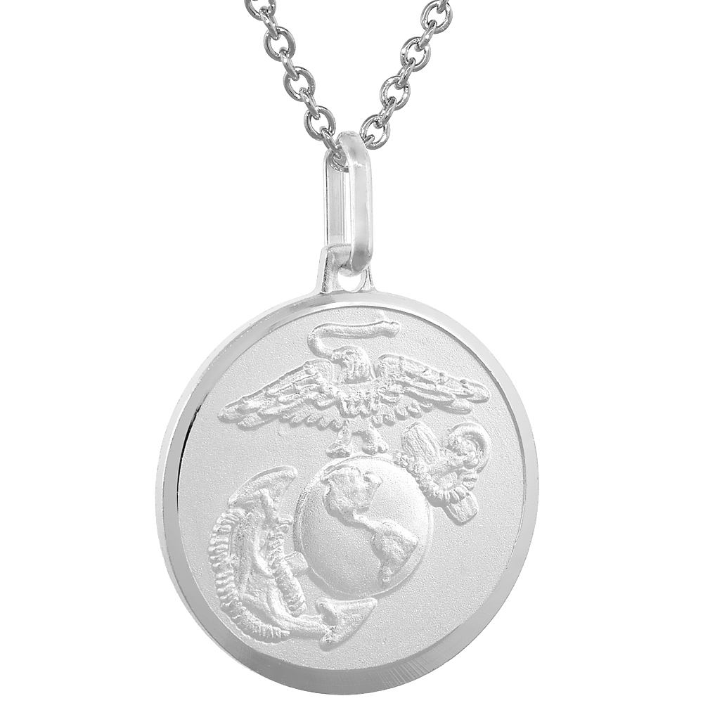 Sterling Silver Eagle Globe and Anchor Necklace EGA with 24 inch Surgical Steel Chain Italy 7/8 inch Round