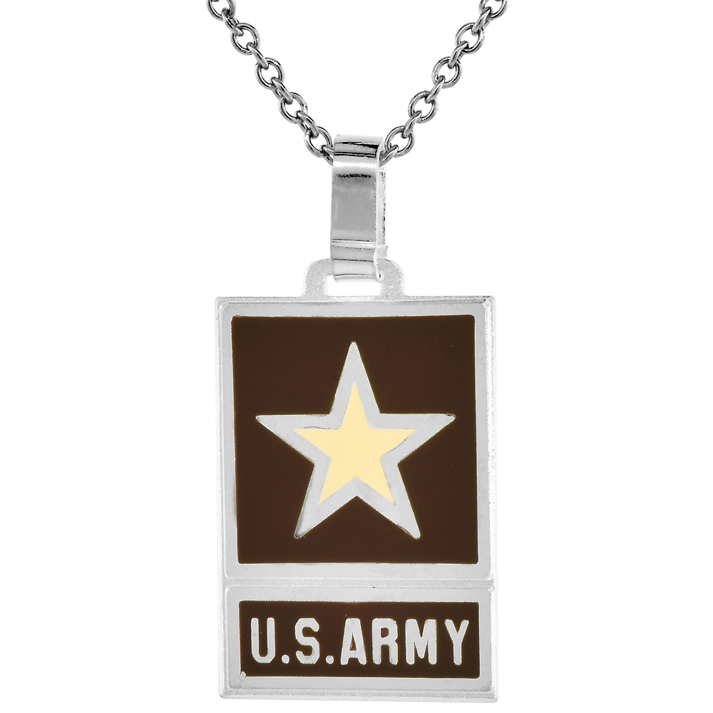 Sterling Silver US ARMY Necklace 1 1/4 inch Rectangular Brown Enamel Italy with Stainless Steel Chain