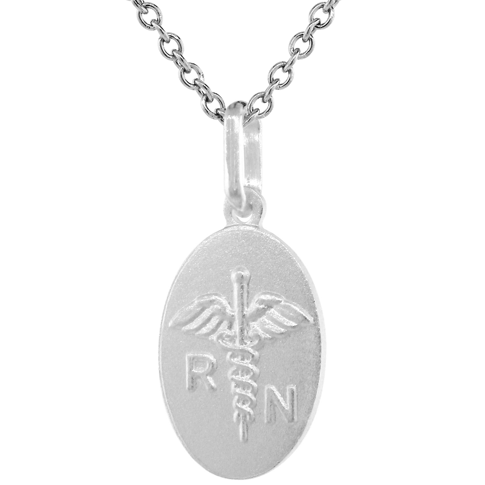 Sterling Silver Nursing Symbol Caduceus Necklace with 24 inch Surgical Steel Chain Italy 3/4 inch