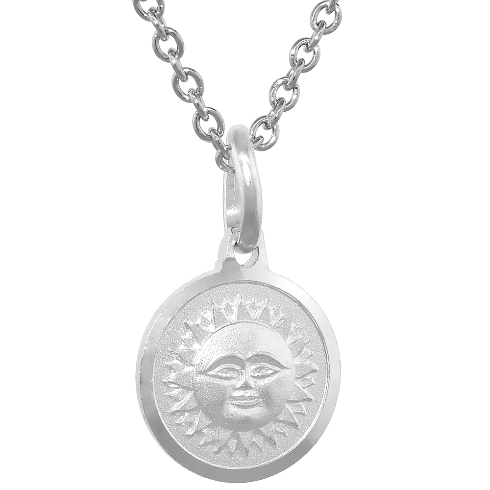 Dainty Sterling Silver Sun &amp; Moon Reversible Medal Necklace 5/8 inch Round Italy