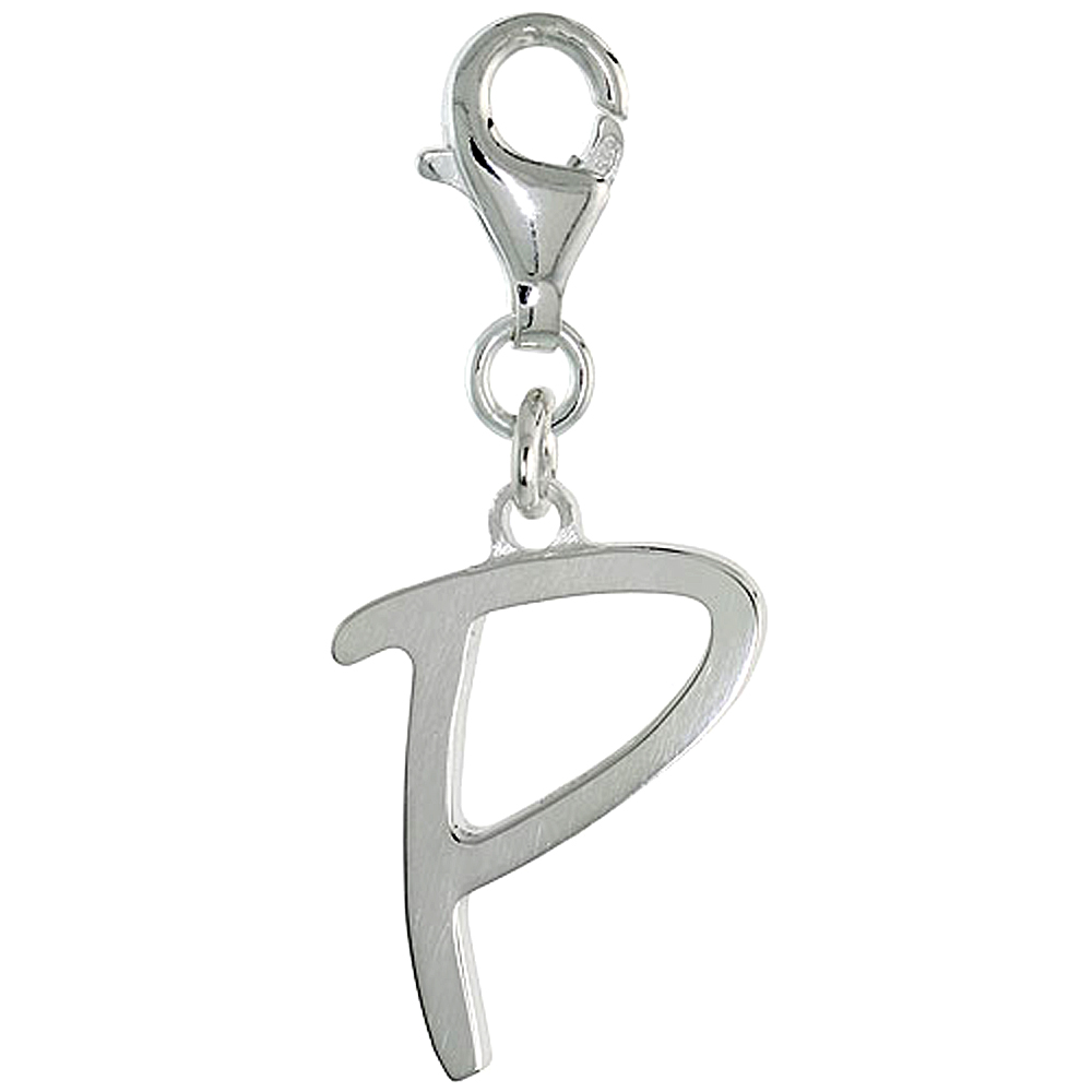 Sterling Silver Block Initial Charm P Alphabet Pendant Lobster Claw Clasp High Polished, 7/8 inch