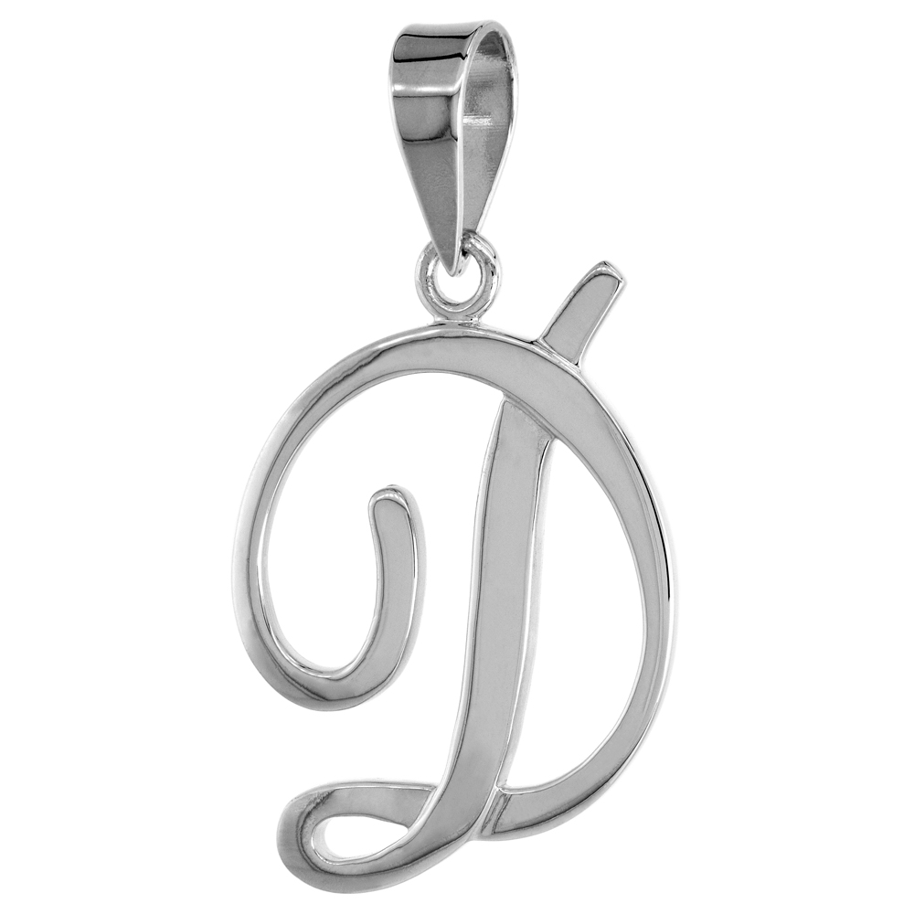 Sterling Silver Script Initial Letter D Alphabet Pendant Flawless Polish, 1 1/2 inch high