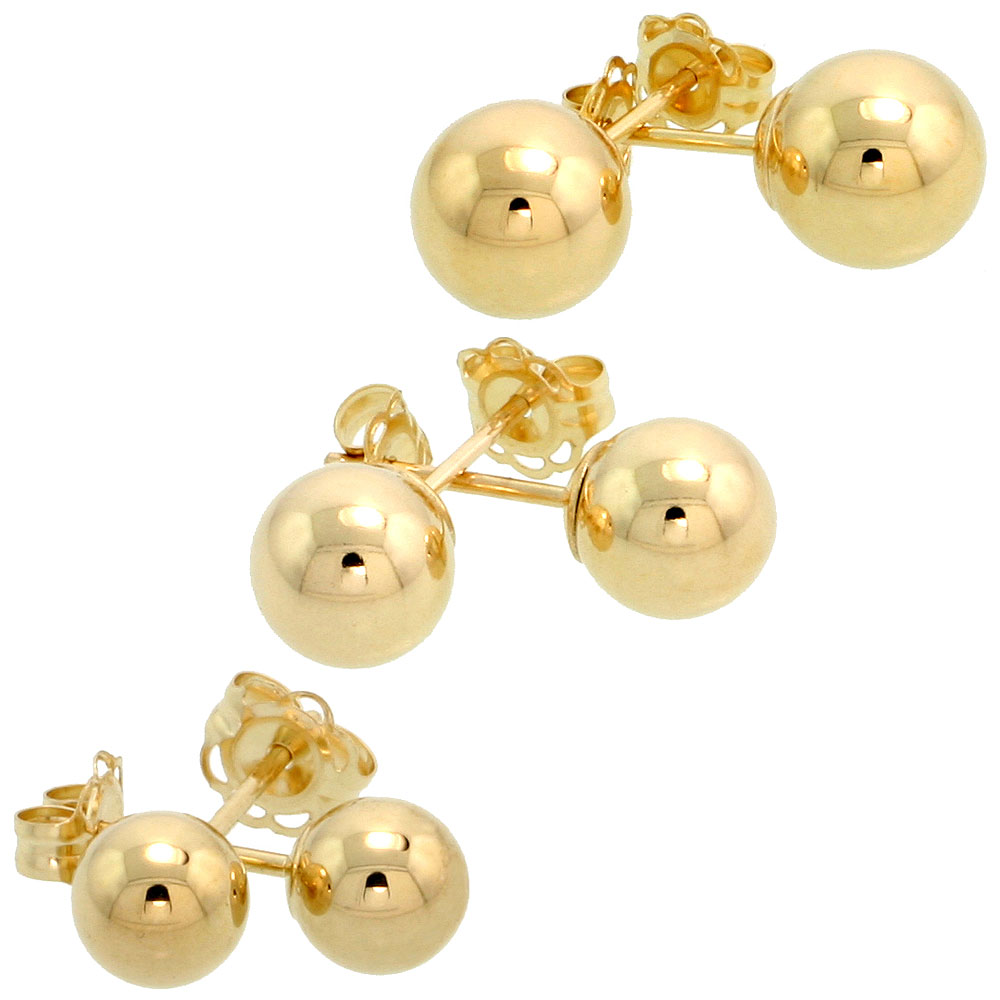 3-Pair 14k Gold Ball Earrings Set 5mm 6mm 7mm