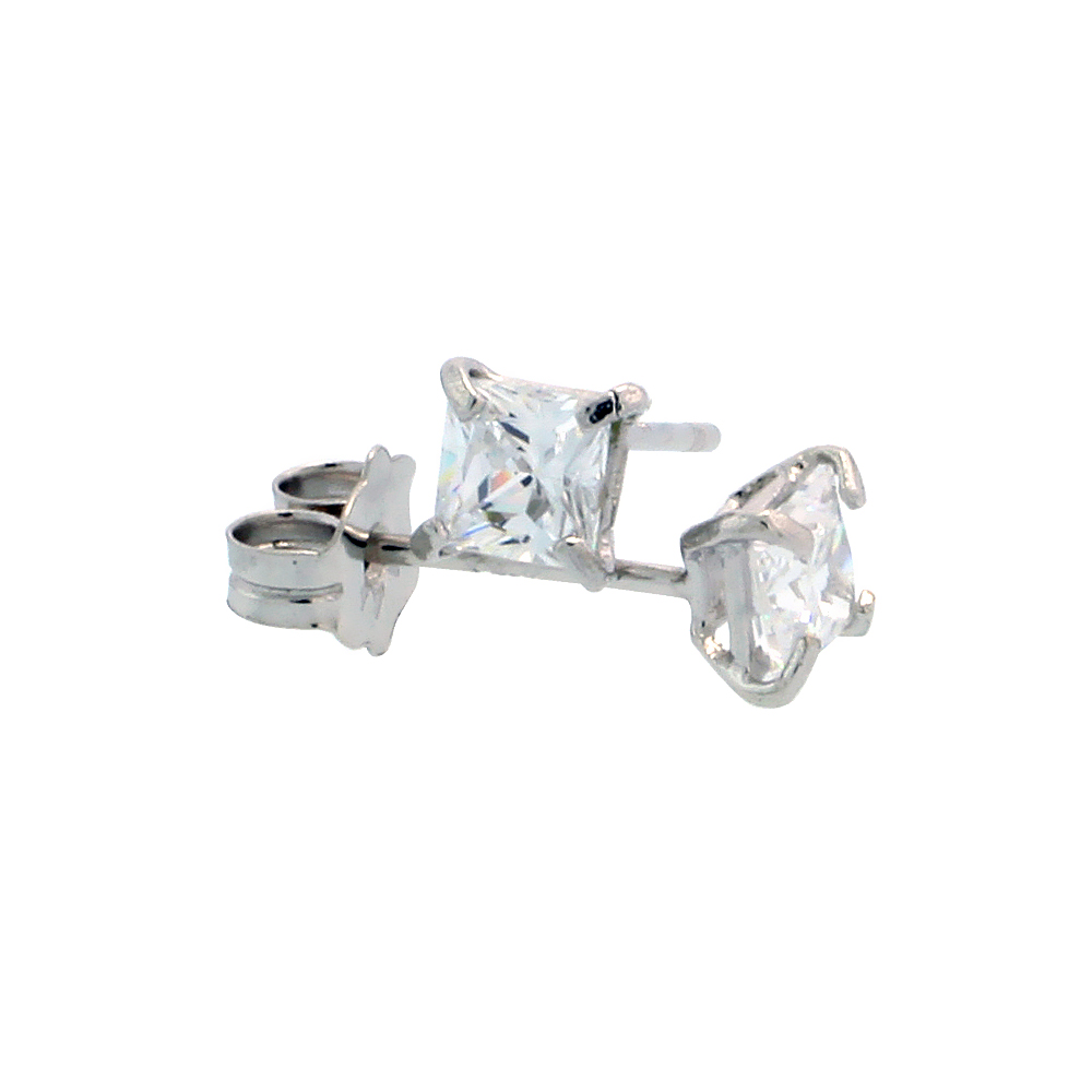 14K White Gold Square Cubic Zirconia Earrings Studs 3 mm Princess cut Basket Setting 1/3 carats/pr
