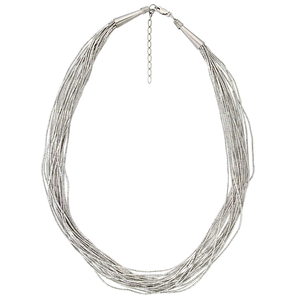 Sterling Silver Liquid Silver Necklace, 20 strands 18 inch (45 cm) long + 2 inch extention, with wire wrapped cone caps