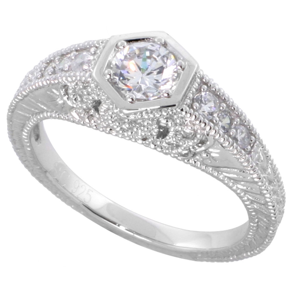 Sterling Silver Vintage Style Cubic Zirconia Engagement Ring Round � ct Center, sizes 6-9