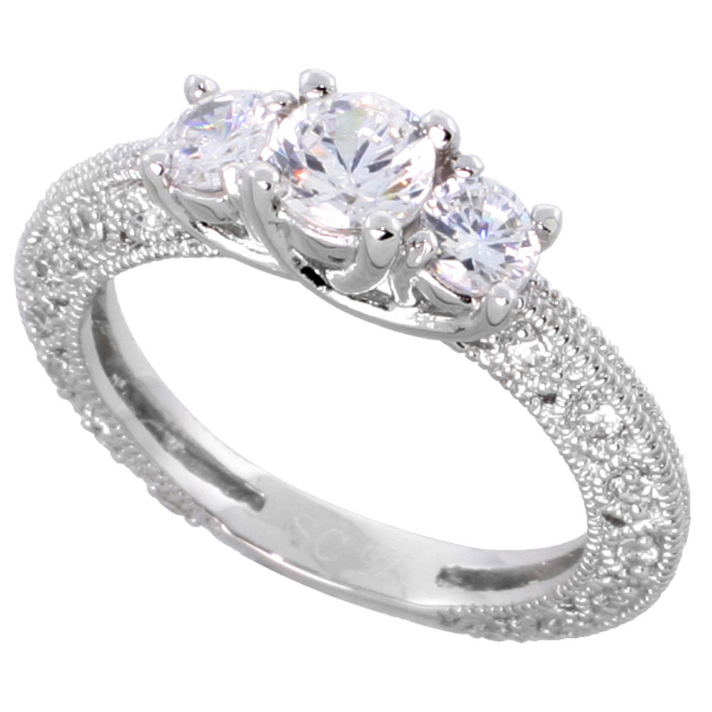 Sterling Silver Vintage Style 3-stone Engagement ring � ct Center � Carat Sides, sizes 6-9