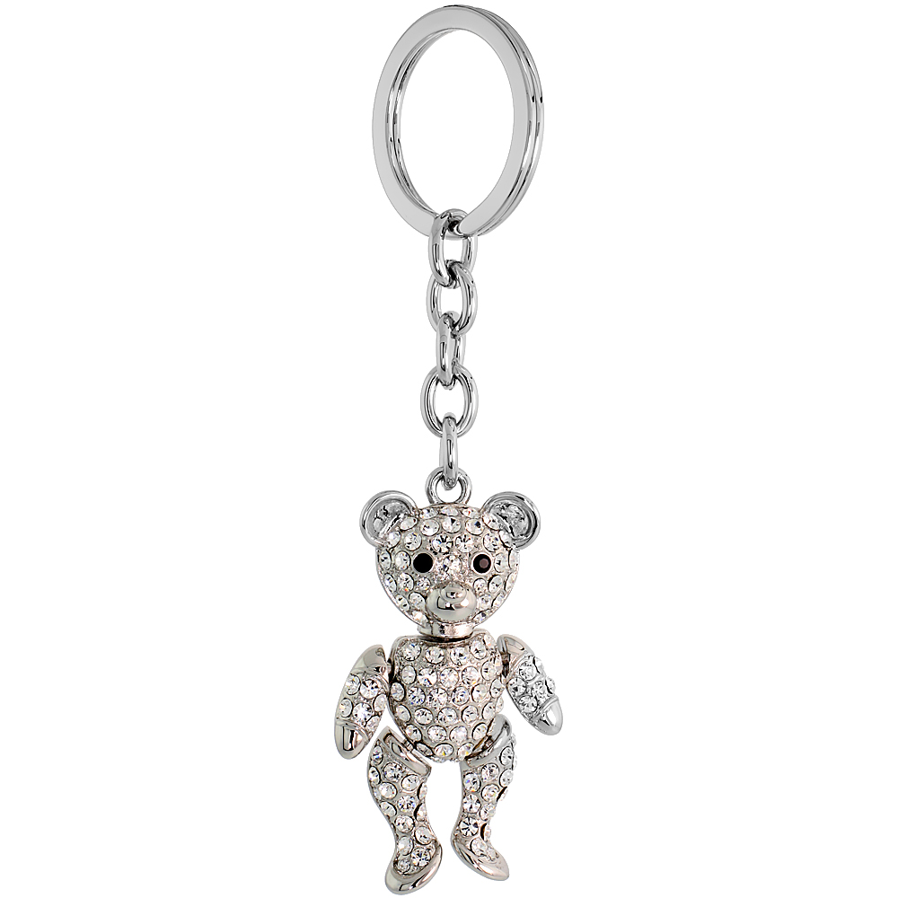Sabrina Silver Movable Teddy Bear Key Chain Crystal Key Ring for Women Swarovski Elements Clear Black 4 1/2 inches long