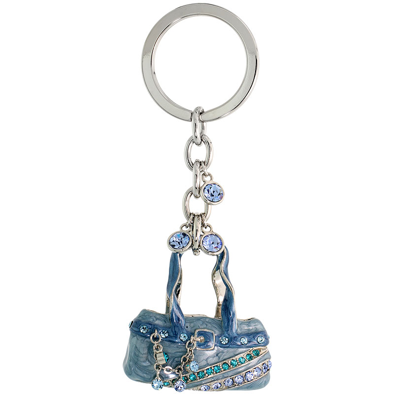 Blue Purse Hand Bag Key Chain, Key Ring, Key Holder, Key Tag , Key Fob, w/ Brilliant Cut Blue Topaz-color &amp; Aquamarine-color Swarovski Crystals, 4&quot; tall