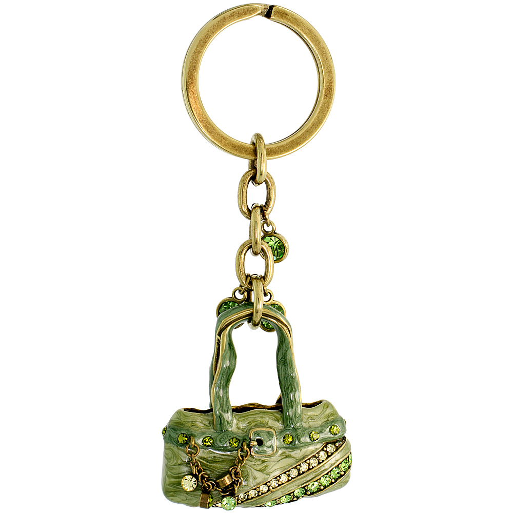 Sabrina Silver Green Purse Hand Bag Key Chain Crystal Key Ring for Women Swarovski Elements Peridot color Yellow Topaz color 4 inches long