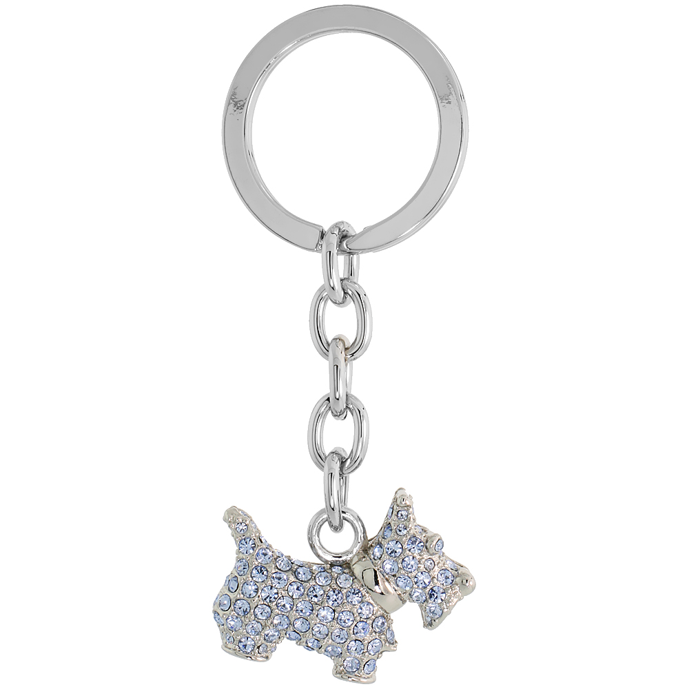Sabrina Silver Scottish Terrier Dog Puppy Key Chain Crystal Key Ring for Women Swarovski Elements Blue Topaz color 3 inches long